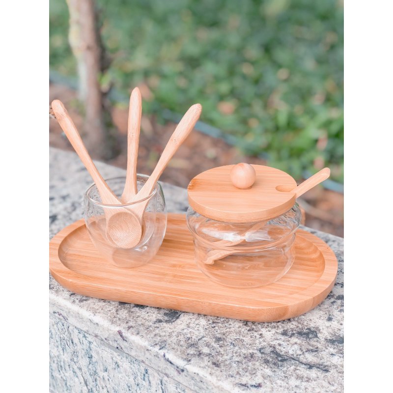 kit acucareiro bandeja colheres bambu png