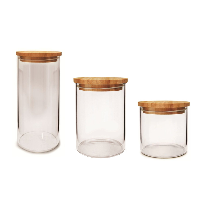 kit 3 potes vidro com tampa de bambu me decora casa