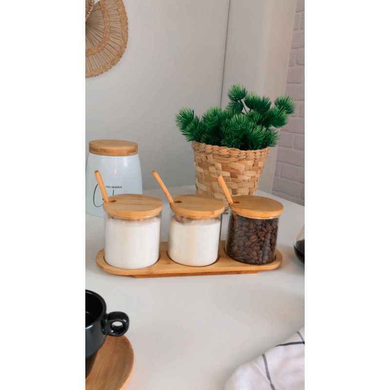 jogo 3 potes vidro borossilicato colher tampa e suporte bambu me decora casa
