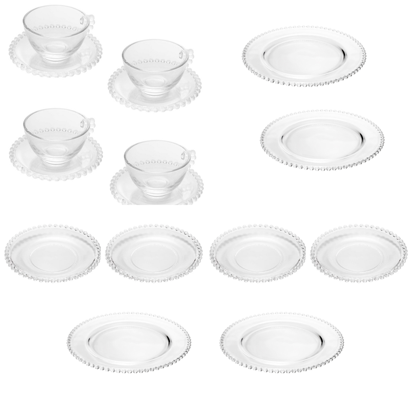 Kit 4 Xícaras com Pires + 4 Pratos Sobremesa + 4 Pratos Jantar