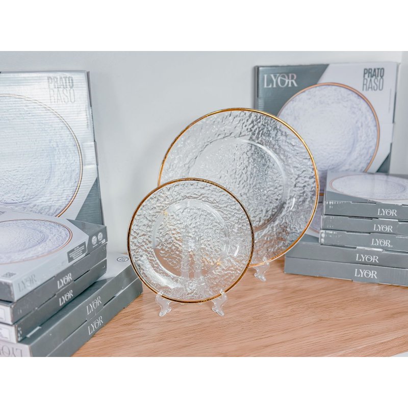 kit 6 pratos jantar sobremesa martelado filete dourado me decora casa