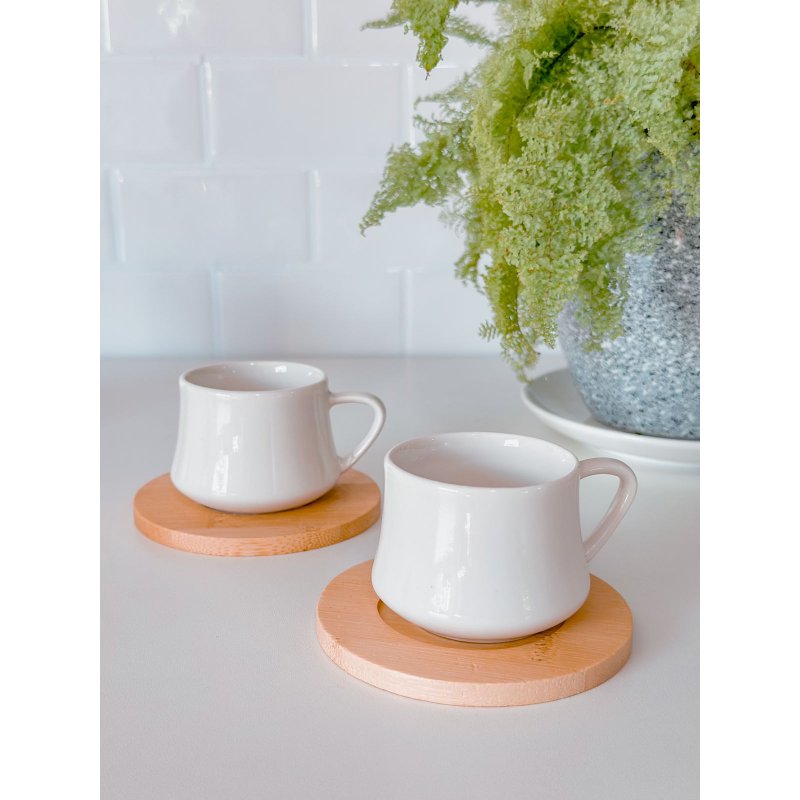 jogo 2 xicaras porcelana pires bambu me decora casa