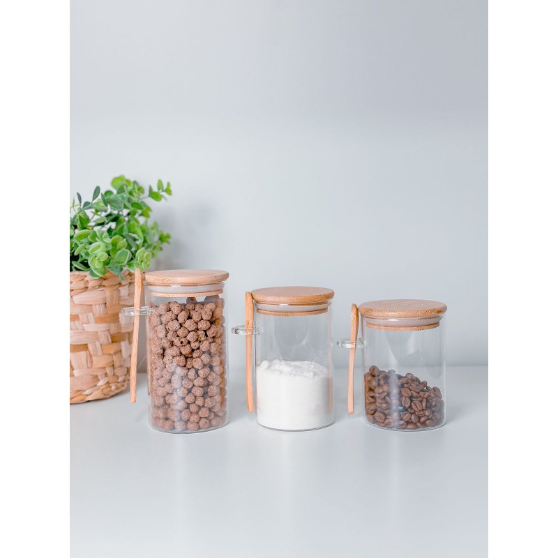 kit 3 potes vidro tampa bambu me decora casa