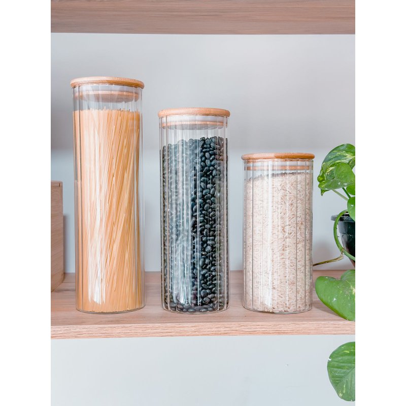 kit potes canelado vidro bambu me decora casa